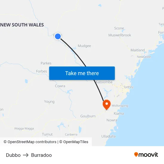 Dubbo to Burradoo map