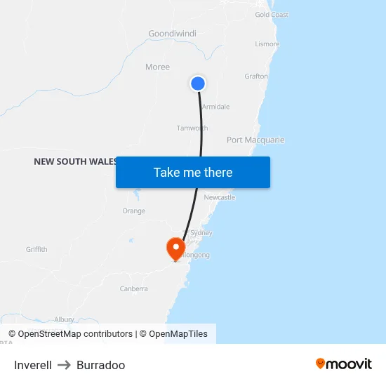 Inverell to Burradoo map