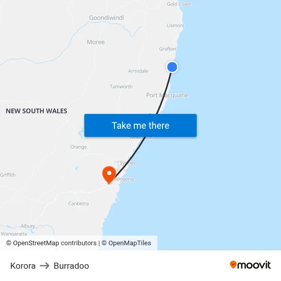 Korora to Burradoo map