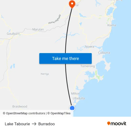 Lake Tabourie to Burradoo map