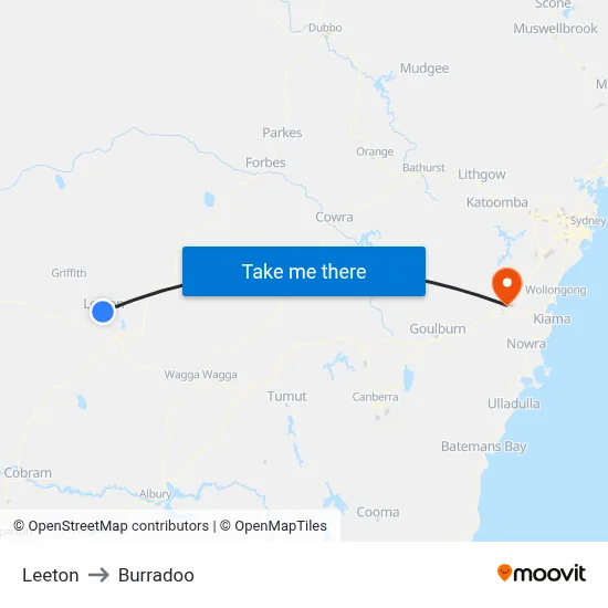 Leeton to Burradoo map