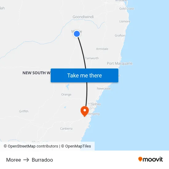 Moree to Burradoo map