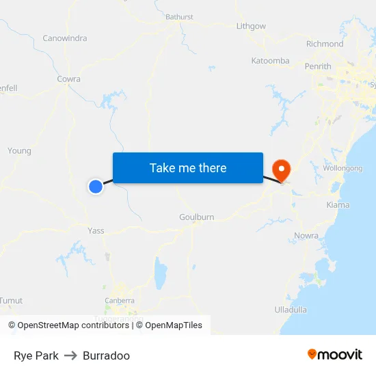 Rye Park to Burradoo map
