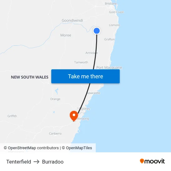 Tenterfield to Burradoo map