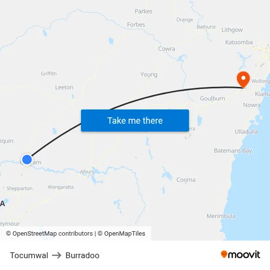 Tocumwal to Burradoo map
