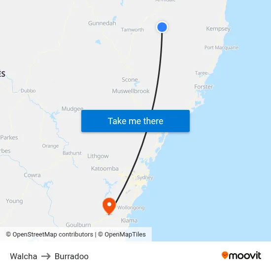 Walcha to Burradoo map