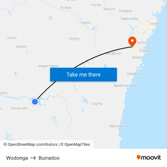 Wodonga to Burradoo map