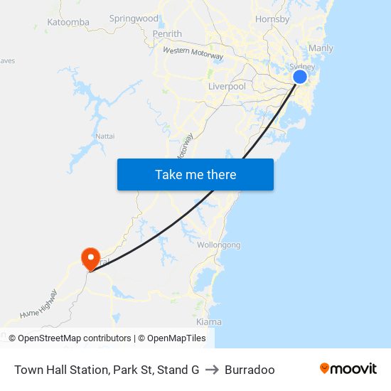 Town Hall Station, Park St, Stand G to Burradoo map