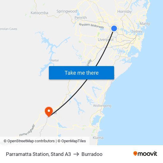 Parramatta Station, Stand A3 to Burradoo map