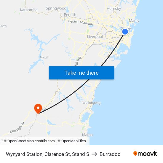 Wynyard Station, Clarence St, Stand S to Burradoo map