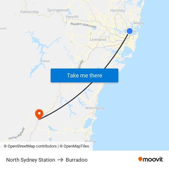 North Sydney Station to Burradoo map