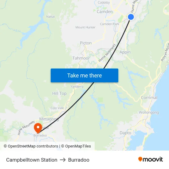 Campbelltown Station to Burradoo map