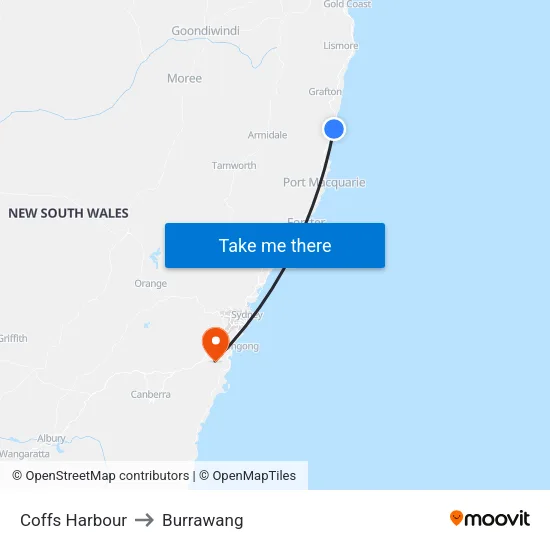 Coffs Harbour to Burrawang map