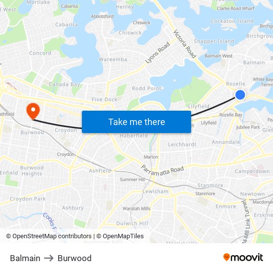 Balmain to Burwood map