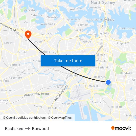 Eastlakes to Burwood map