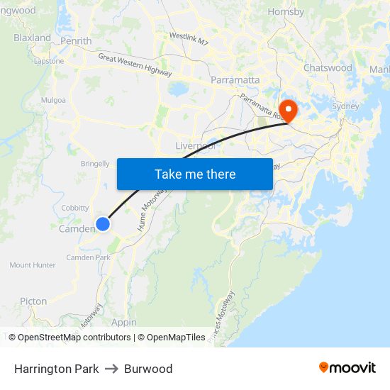 Harrington Park to Burwood map