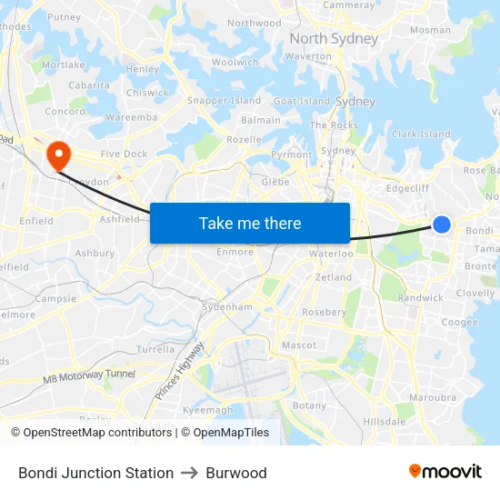 Bondi Junction Station to Burwood map