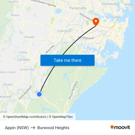 Appin (NSW) to Burwood Heights map