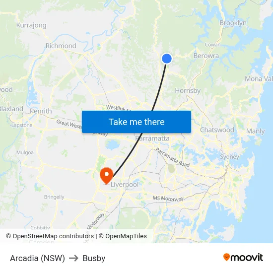 Arcadia (NSW) to Busby map