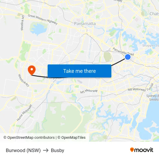 Burwood (NSW) to Busby map