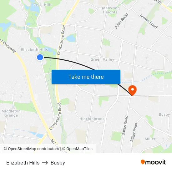 Elizabeth Hills to Busby map
