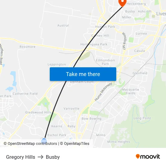 Gregory Hills to Busby map