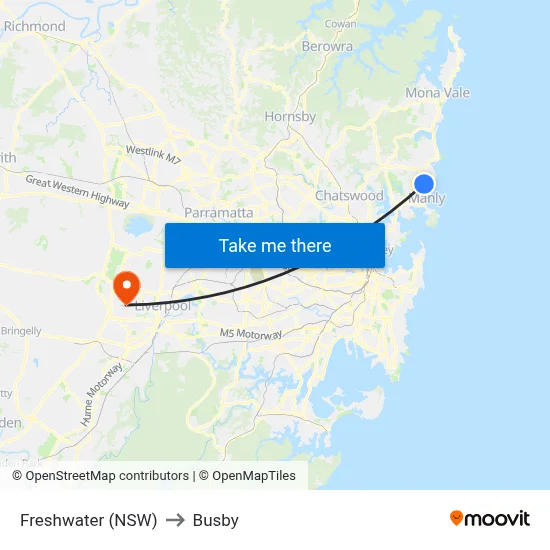 Freshwater (NSW) to Busby map