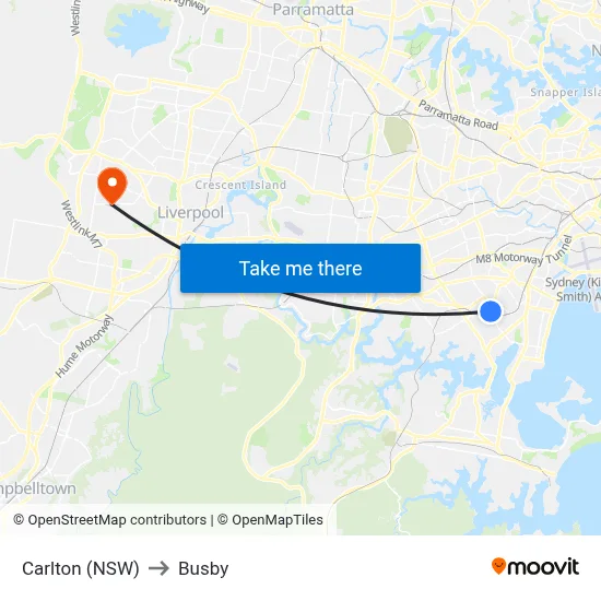 Carlton (NSW) to Busby map