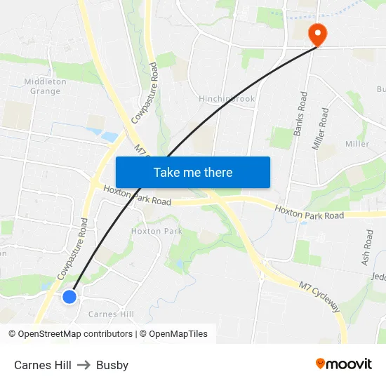 Carnes Hill to Busby map
