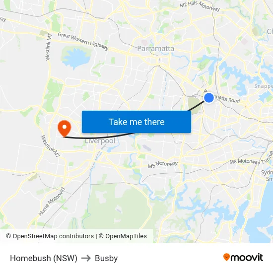 Homebush (NSW) to Busby map
