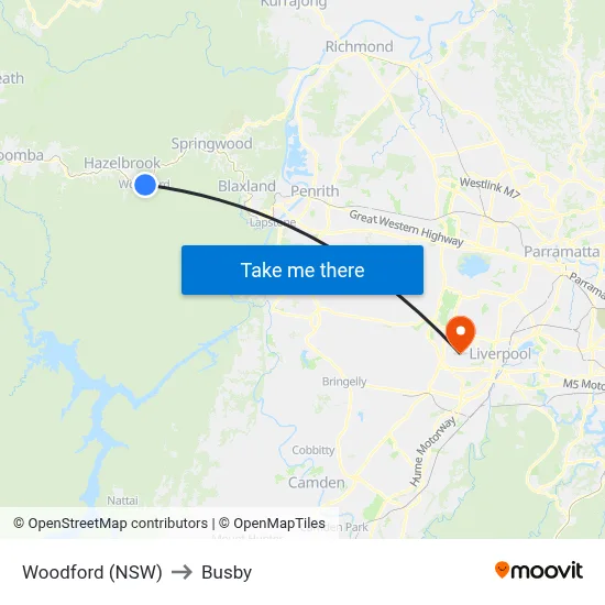 Woodford (NSW) to Busby map