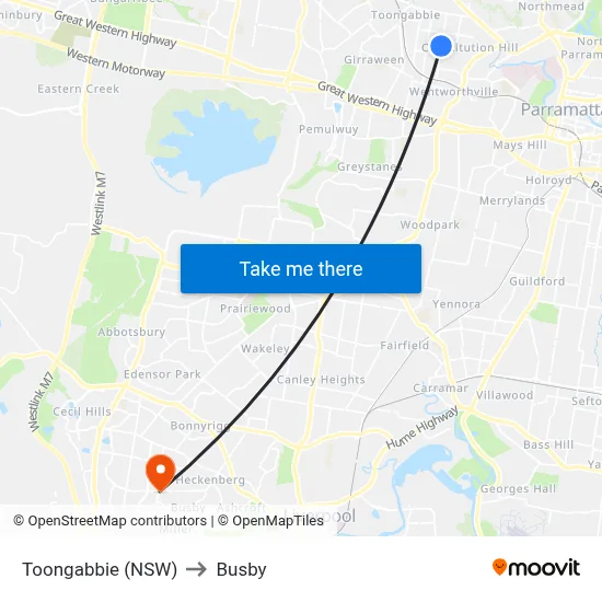 Toongabbie (NSW) to Busby map