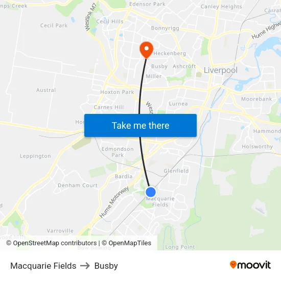 Macquarie Fields to Busby map