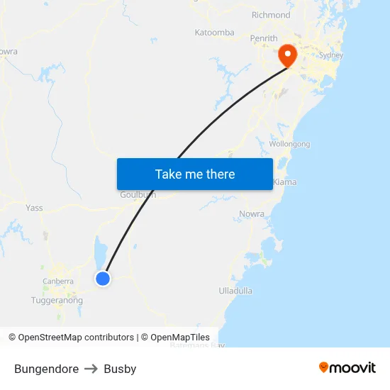 Bungendore to Busby map