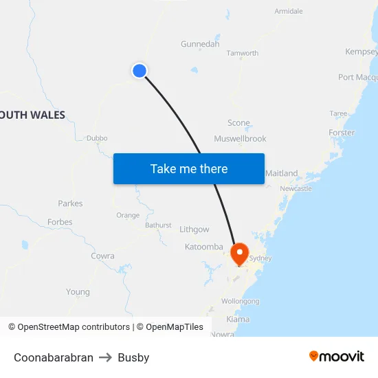 Coonabarabran to Busby map