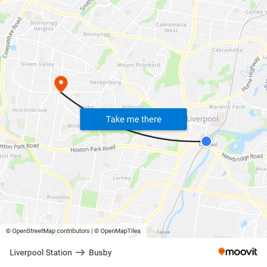 Liverpool Station to Busby map