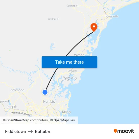 Fiddletown to Buttaba map