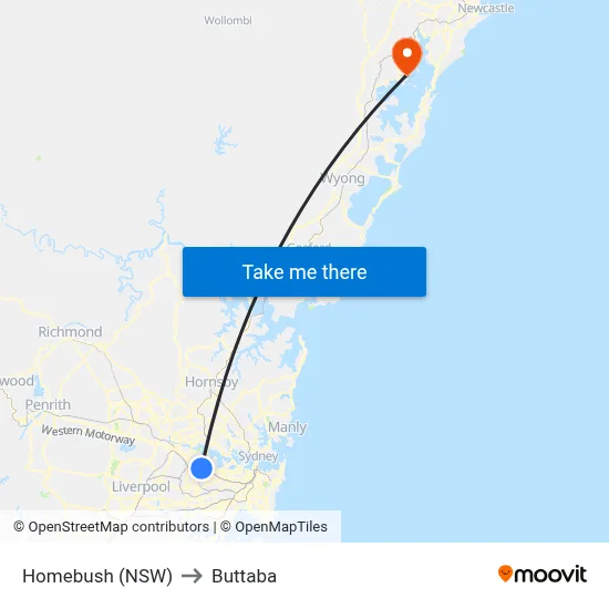 Homebush (NSW) to Buttaba map