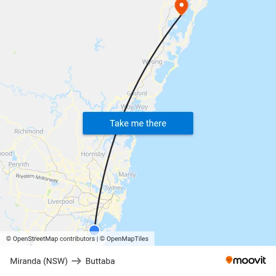 Miranda (NSW) to Buttaba map