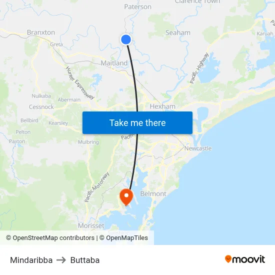 Mindaribba to Buttaba map