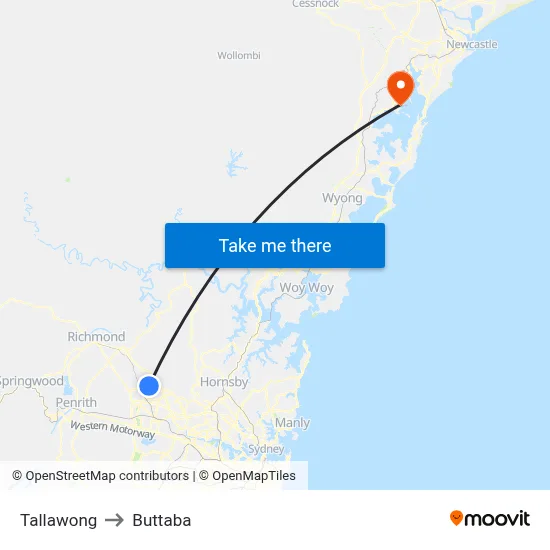 Tallawong to Buttaba map