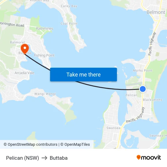 Pelican (NSW) to Buttaba map