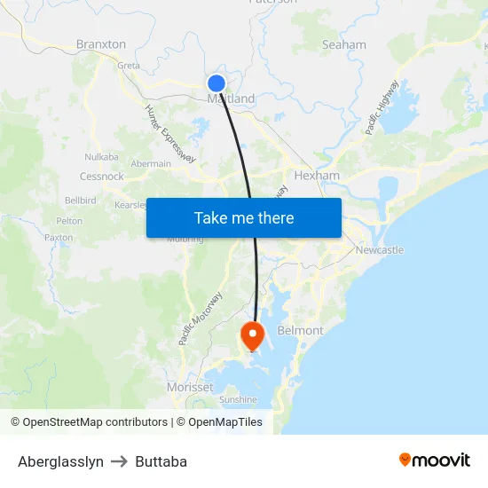 Aberglasslyn to Buttaba map