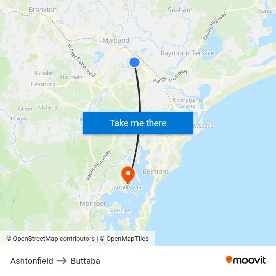 Ashtonfield to Buttaba map
