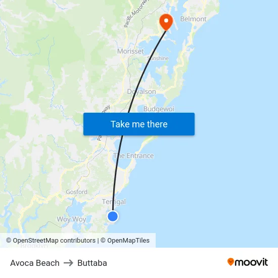 Avoca Beach to Buttaba map