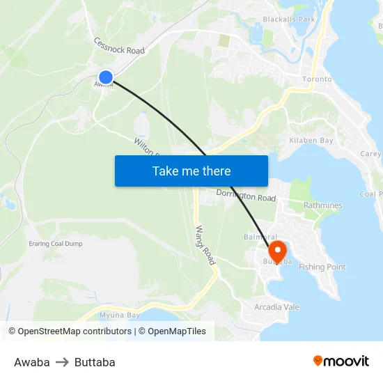 Awaba to Buttaba map