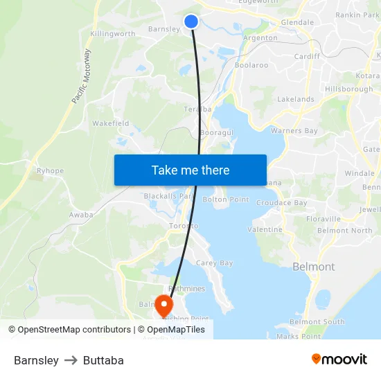 Barnsley to Buttaba map