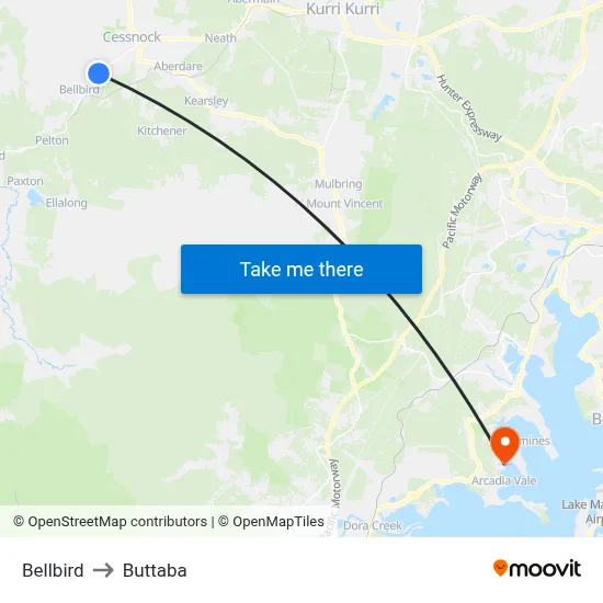 Bellbird to Buttaba map