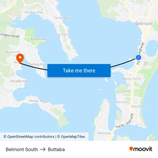 Belmont South to Buttaba map