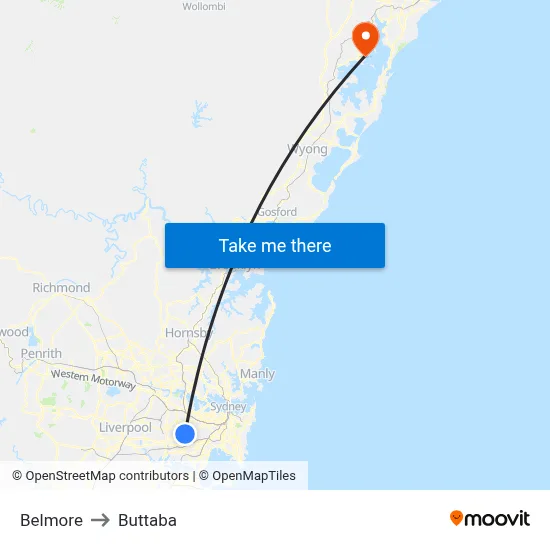 Belmore to Buttaba map